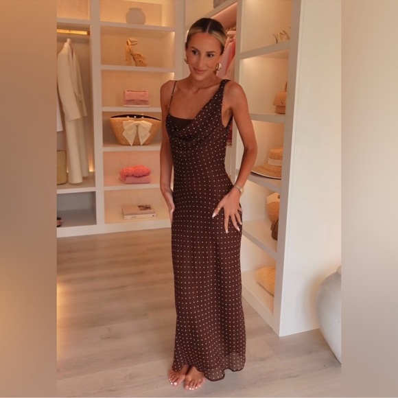 ZARA Brown Draped Neck Polka Dot Maxi Dress - Picture 10 of 15